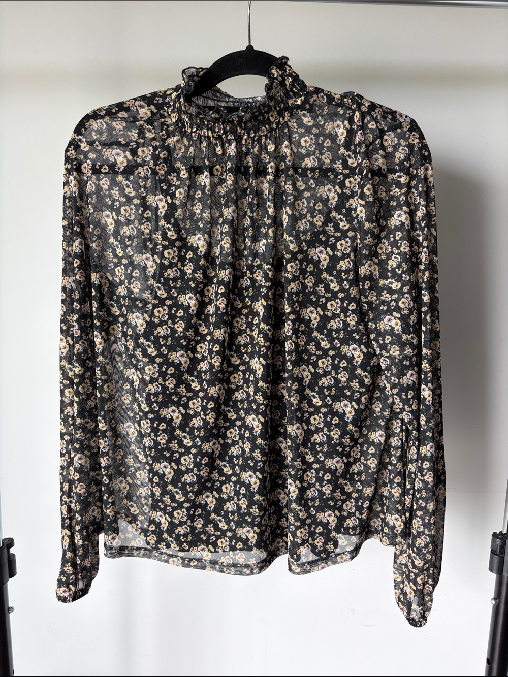 Sheer Black Floral Long-Sleeve Mock Neck Blouse